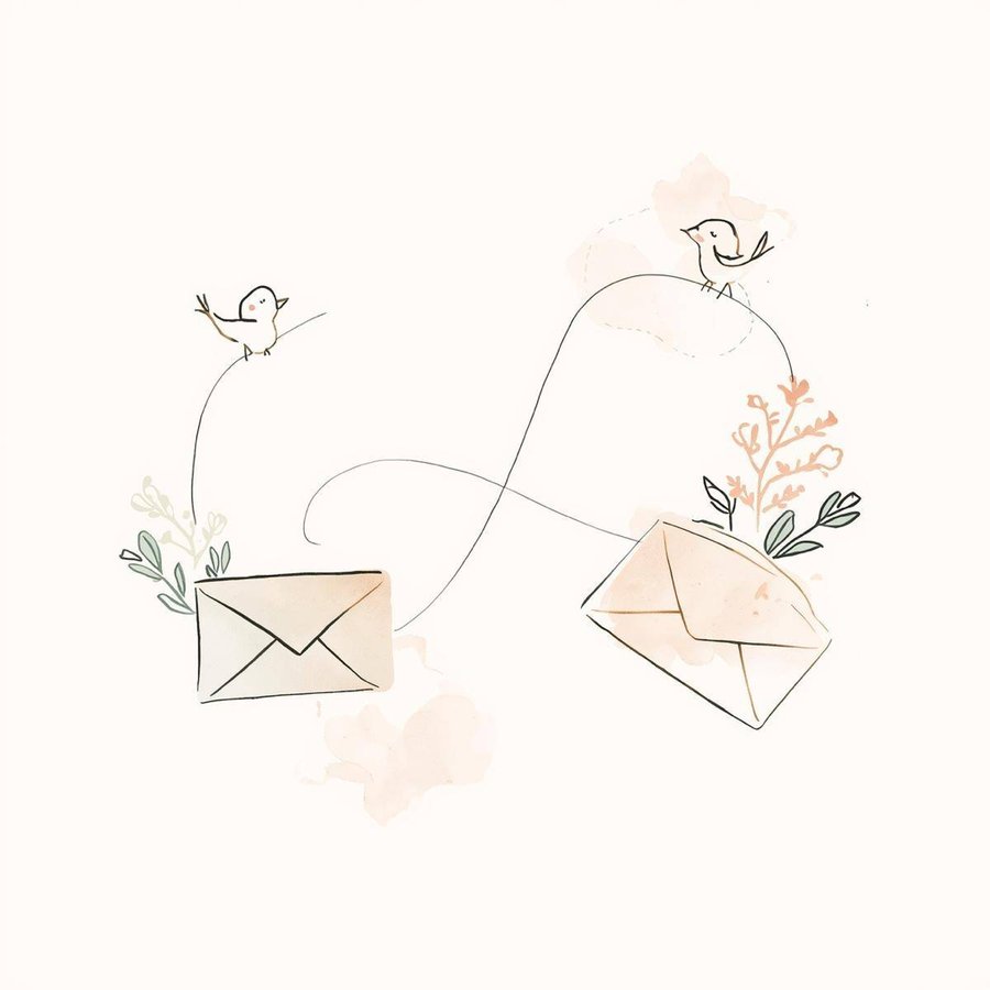 Line-art illustration of birds carrying a love letter between two envelopes