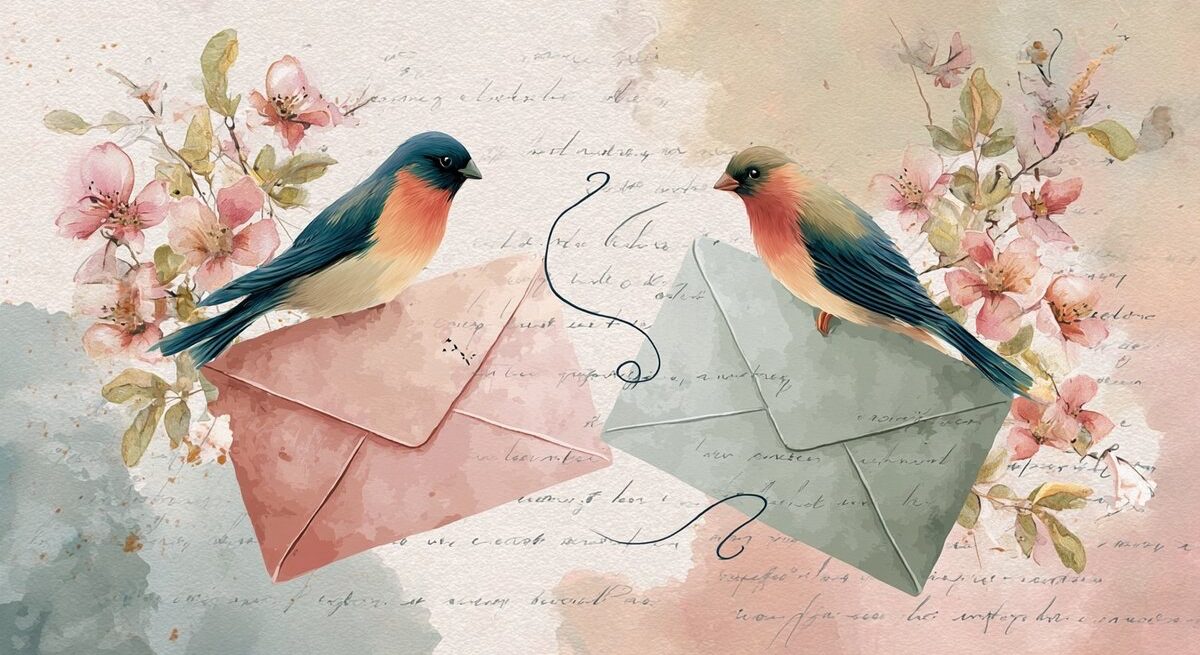 Two watercolor lovebirds perched on a pink and a sage envelope, exchanging a letter