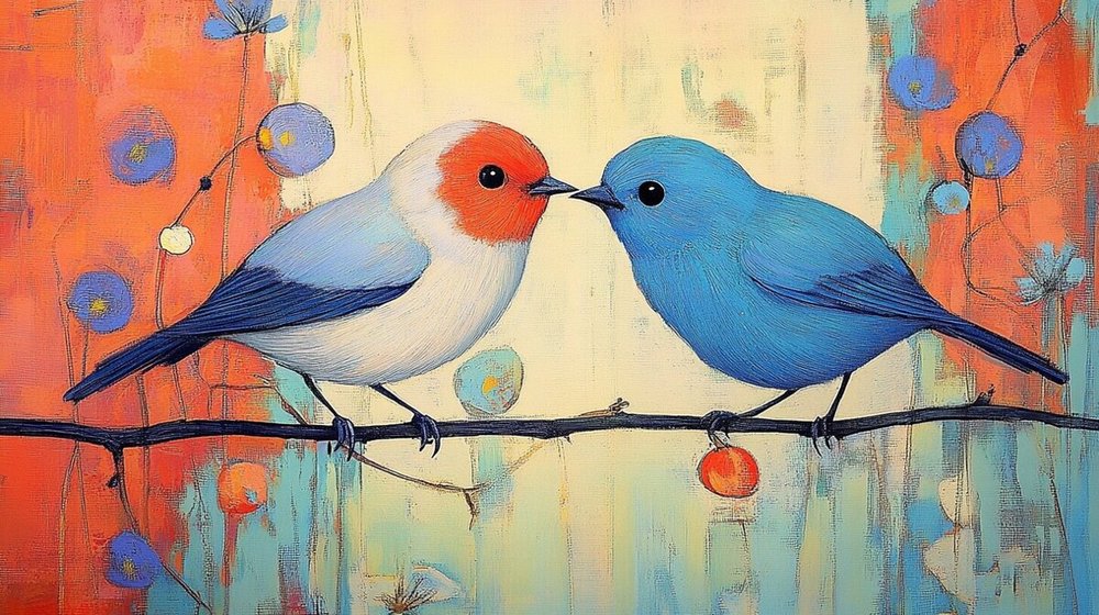 Painterly illustration of two lovebirds facing each other on a branch
