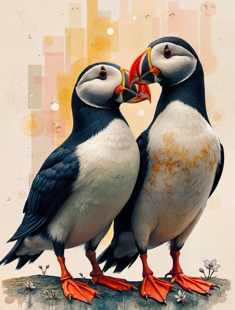 Illustrated pair of puffins nuzzling, symbolizing lasting partnership